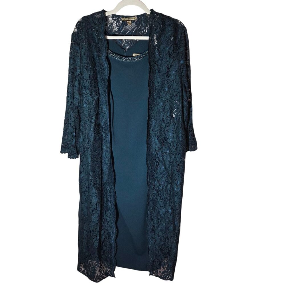 Maya Brooke Mallard Teal Green MOB Formal‎ Midi Dress Lace Jacket/Pearls 18W NWT